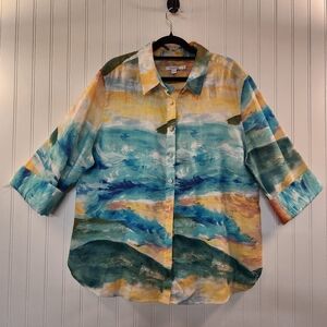 NEW Chico Women Ocean Print 100% Linen Button-Up Shirt Size 16 XL Beach Vacation